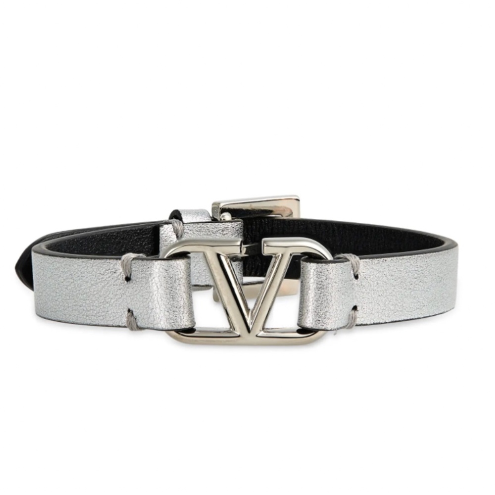 Valentino Garavani Black Calfskin and Silver Logo Bracelet